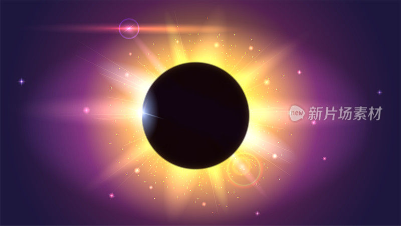 Glow light effect. Star burst with sparkles. Solar eclipse, astronomical phenomenon. Light rays and lens flare horizontal backdrop. The planet covering the Sun